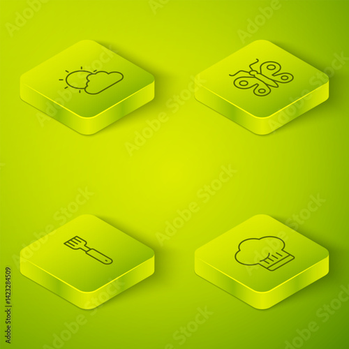 Set Isometric line Butterfly, Fork, Chef hat and Sun and cloud weather icon. Vector