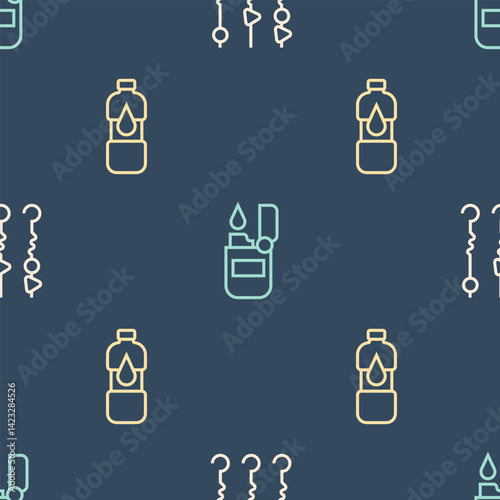 Set line Grilled shish kebab on skewer, Bottle of water and Lighter on seamless pattern. Vector