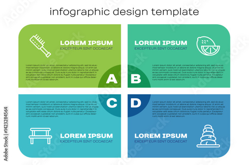 Set line Sauna wood bench, brush, Stack hot stones and Lemon. Business infographic template. Vector
