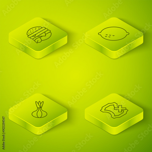 Set Isometric line Lemon, Onion, No leather and Vegan food diet icon. Vector