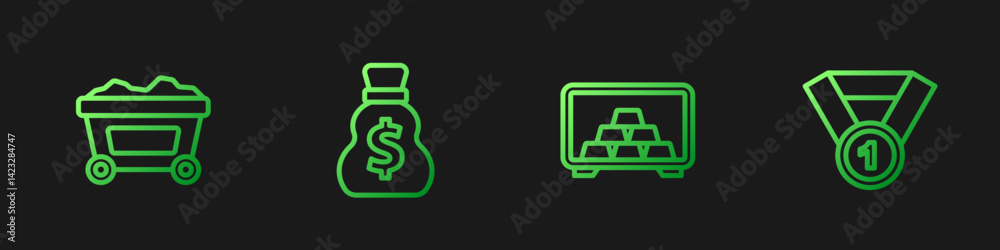 Fototapeta premium Set line Safe with gold bars, Mine cart, Old money bag and Gold medal. Gradient color icons. Vector