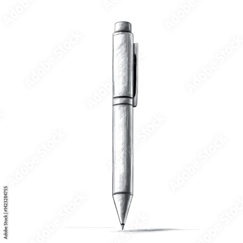 Sleek metal ballpoint pen with clip on white background