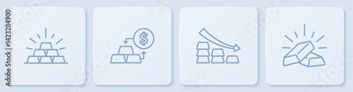 Set line Gold bars, Falling arrow with gold, exchange money and . White square button. Vector