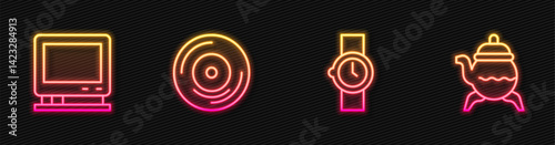 Set line Wrist watch, Retro tv, Vinyl disk and Classic teapot. Glowing neon icon. Vector