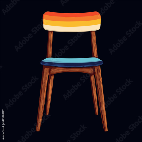 Colorful retro wooden chair with striped upholstery on black background