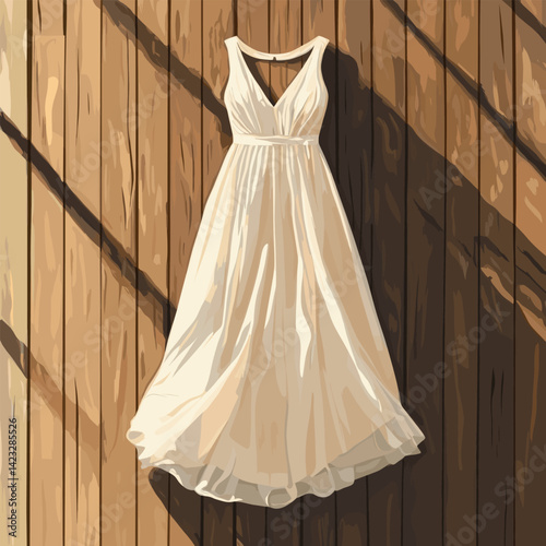 Elegant white summer dress on wooden background