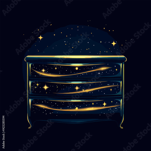 Starry night-themed dresser with golden sparkles and cosmic design