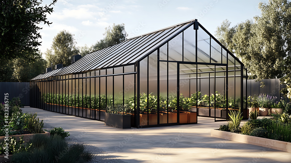 Modern stylish greenhouse exterior set against nature showcasing greenery and a serene environment Modern stylish greenhouse exterior set against nature showcasing greenery and a serene environment