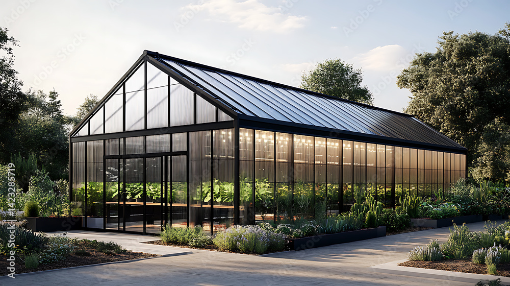 Contemporary greenhouse design with rich greenery thriving in natural light settings Contemporary greenhouse design with rich greenery thriving in natural light settings