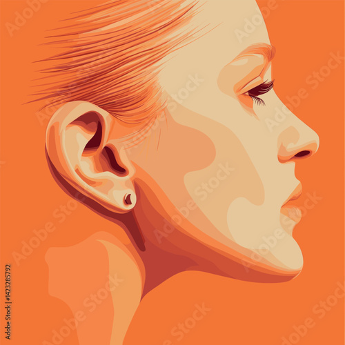Profile of young caucasian female with earring in artistic style on orange background