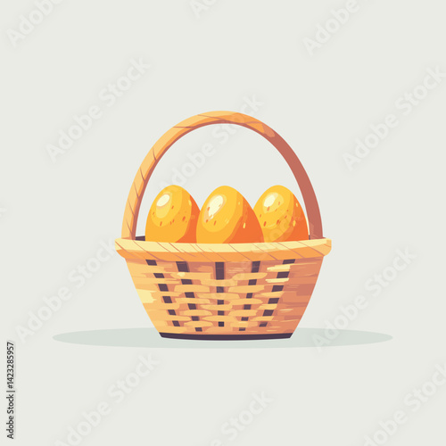 Basket with three yellow eggs on a light background