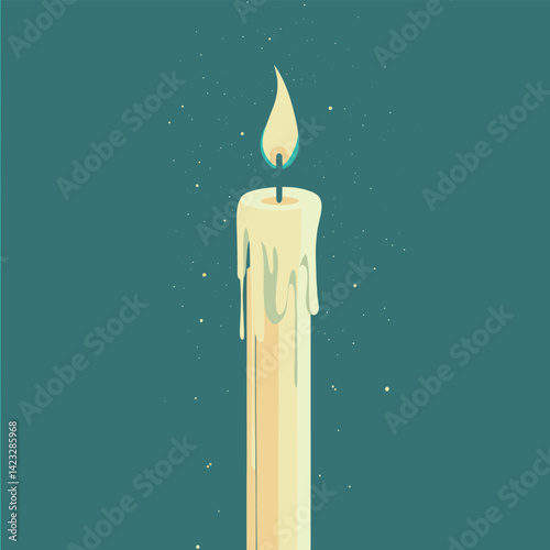 Minimalist illustration of a lit candle with wax drips on teal background