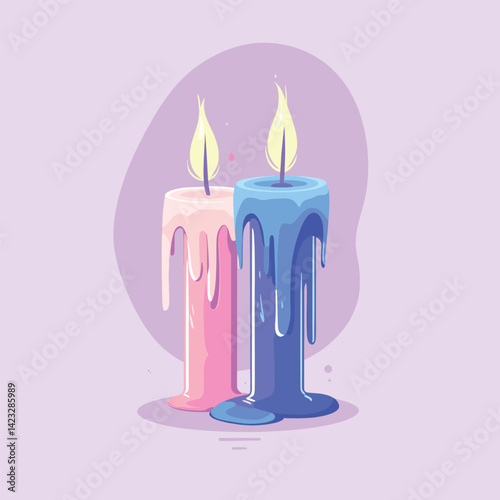 Colorful dripping candles with flames on pastel background