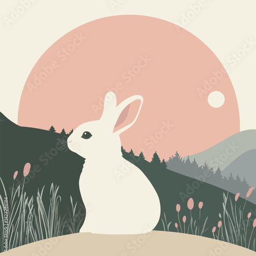Minimalist illustration of white rabbit in pastel landscape