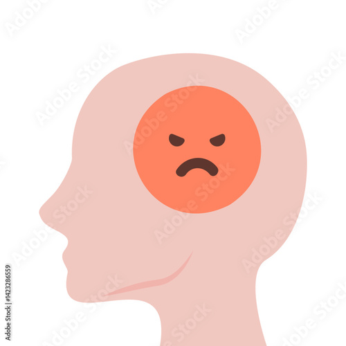 Human head with angry emoji faces. Mental health, pressure, feeling, argument, conflict concept. Flat character vector design isolated illustration.