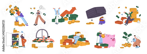 Set of money and finance. Concept of financial literacy and economy of budget. People do investment, savings. Gold coins, banknotes and cash. Flat isolated vector illustrations on white background