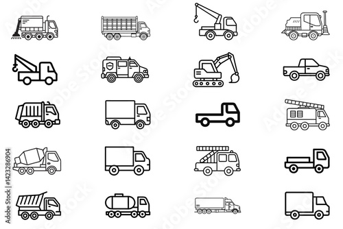Set of 20 Construction and Utility Vehicle Icons – Line Style Vector Illustrations of Trucks, Cranes, Pickups, Garbage Trucks, Cement Mixers, Fire Trucks, and More – Side View Monoline Transport Icons