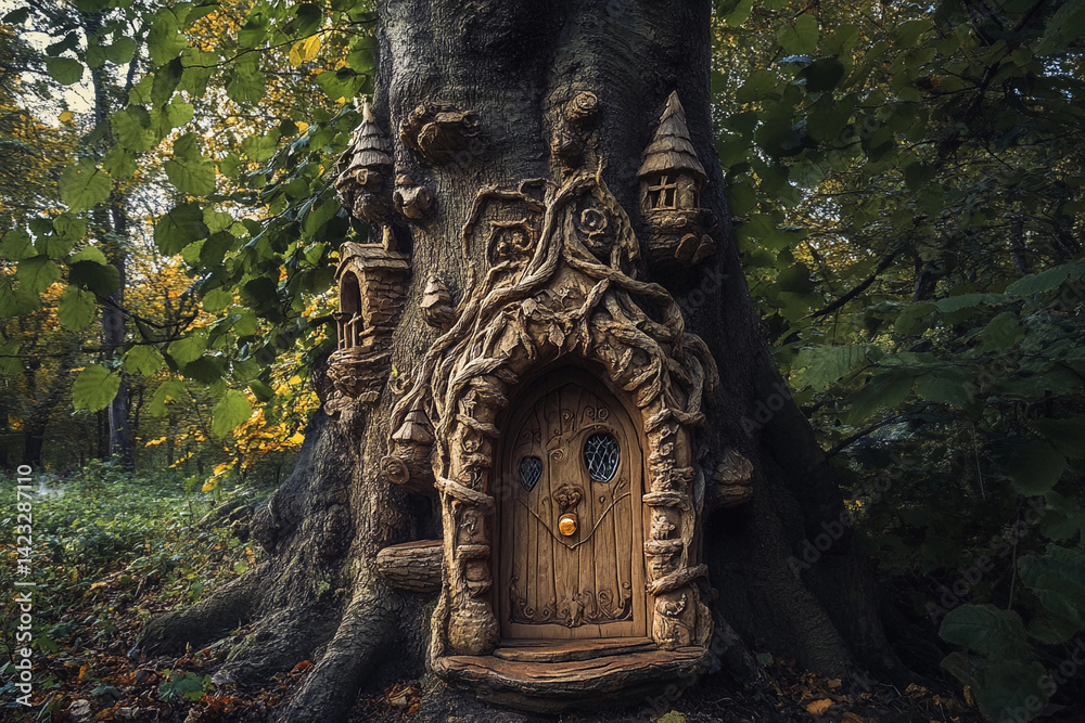 Fototapeta premium Wooden door carved into a tree trunk surrounded by autumn leaves in a forest setting