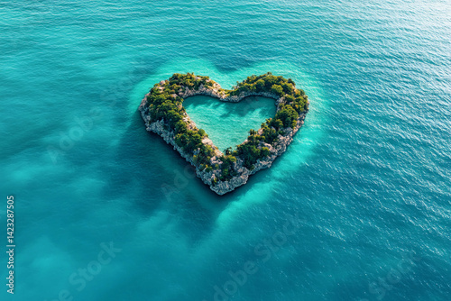 Heart-shaped island surrounded by turquoise water in a tropical setting