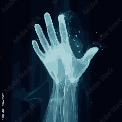 Ethereal blue hand reaching through water with bubbles on dark background