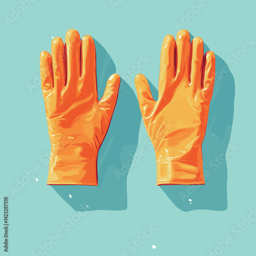 Bright orange rubber gloves on aqua background with shadows
