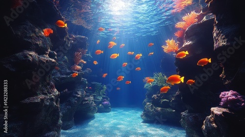 Underwater coral reef ecosystem teeming with vibrant orange fish. photo