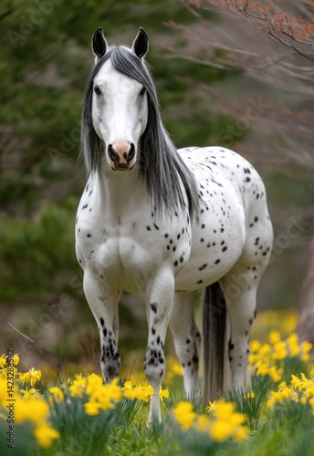 an Appaloosa horse standing in the middle of a yellow daffodil field, with white and black spotted fur, its mane flowing like clouds, in an elegant pose