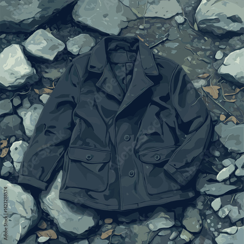 Black peacoat on rocky ground - stylish outerwear display in natural setting
