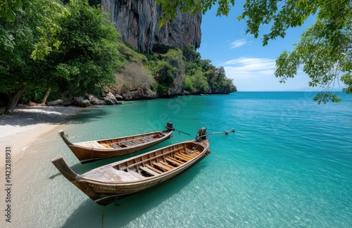 two long-tail boats in the water at Phra Nang Beach, Krabi, Thailand, with an island behind them and a clear blue sky.