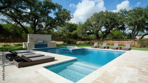 Luxurious backyard pool with patio and outdoor kitchen
