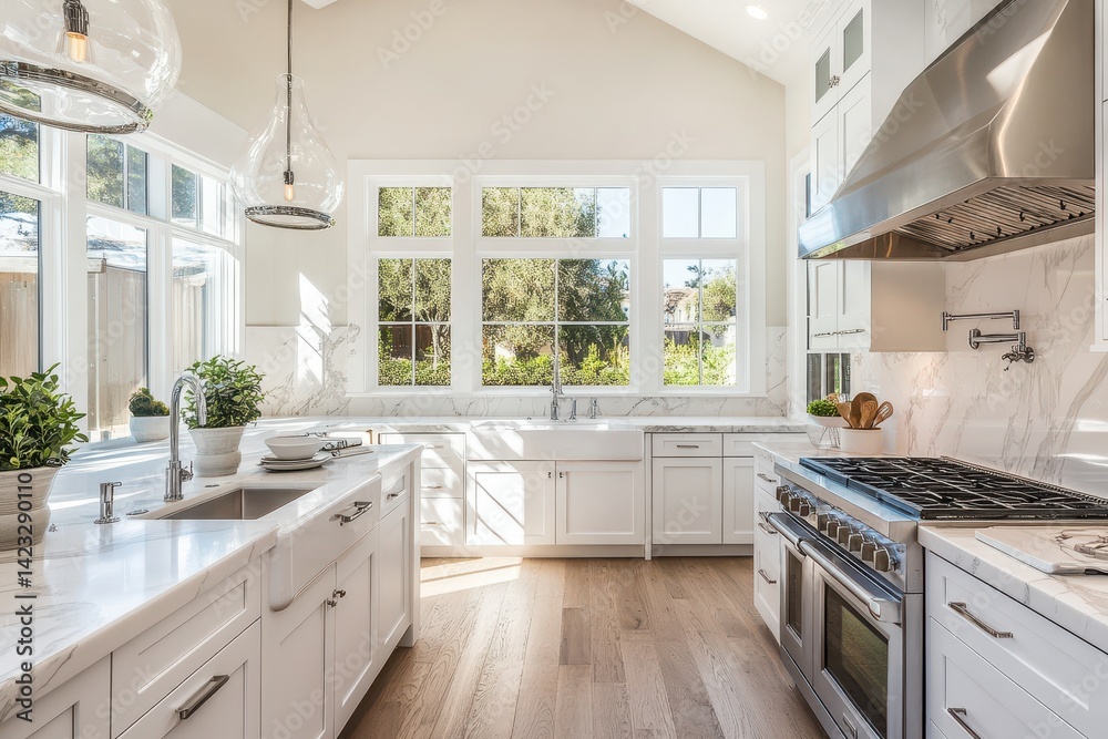 Luxury White Kitchen in Custom-built Model Home with Wood Accents