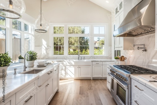 Luxury White Kitchen in Custom-built Model Home with Wood Accents