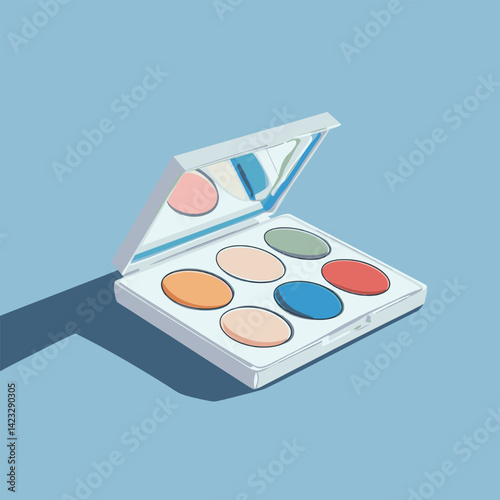 Colorful makeup palette with multiple shades on blue background