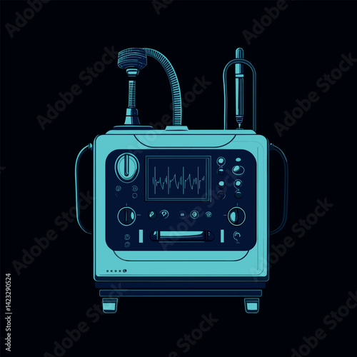 Futuristic medical machine with monitor and attached tubing in neon blue