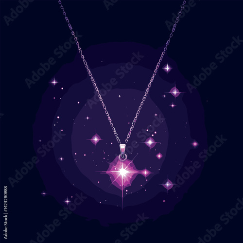 Glowing pendant necklace on sparkling background with purple and pink stars