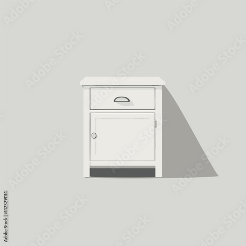 Minimalist white nightstand with drawer and cabinet on light gray background