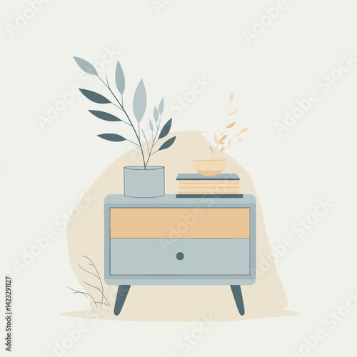 Modern minimalist nightstand with potted plants and books on beige background