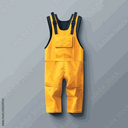Yellow waterproof fishing overalls hanging on grey background