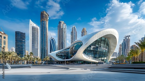 Futuristic cityscape showcasing contemporary architecture under a blue sky photo