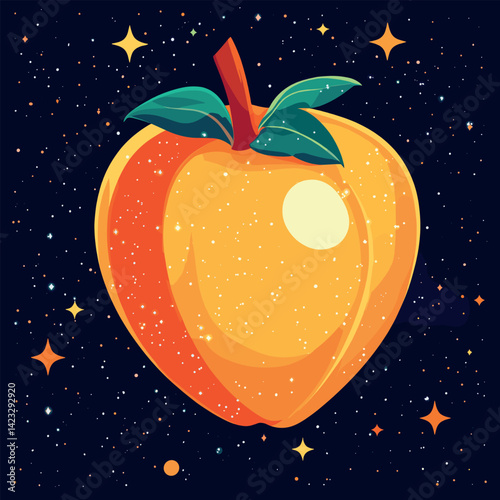 Golden peach floating in cosmic starry sky with bright glow and leaves