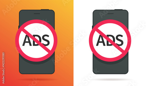 No ads block on mobile cell phone app sign symbol icon simple red graphic illustration set, free cancel advertisement on cellphone smartphone blocker image clip art