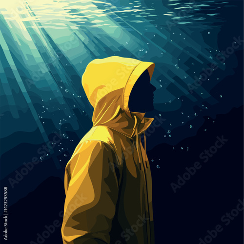 Silhouette of male in yellow raincoat underwater with sun rays