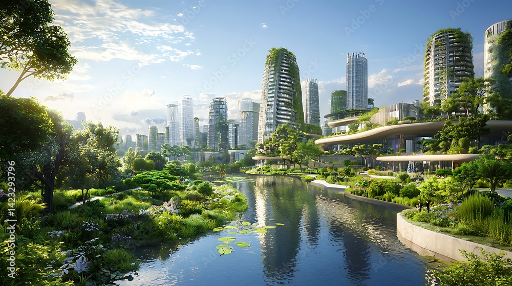 Naklejka premium Futuristic ecocity concept showcases nature-integrated architecture and serene waterway