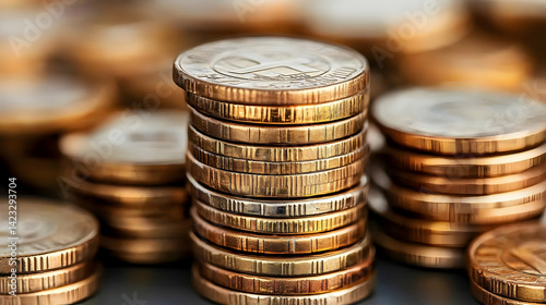 Close Up of Stacked Gold Coins on Dark Background