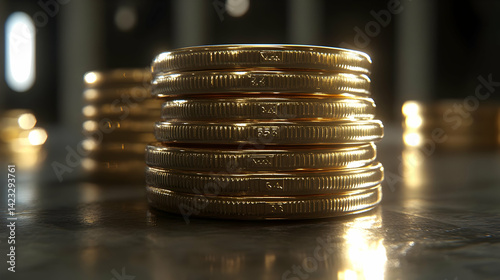 Close-Up of Stacked Gold Coins on Dark Reflective Surface