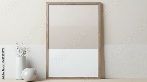 3D Render of Vertical Wooden Frame Mockup Poster on Beige and White Wall