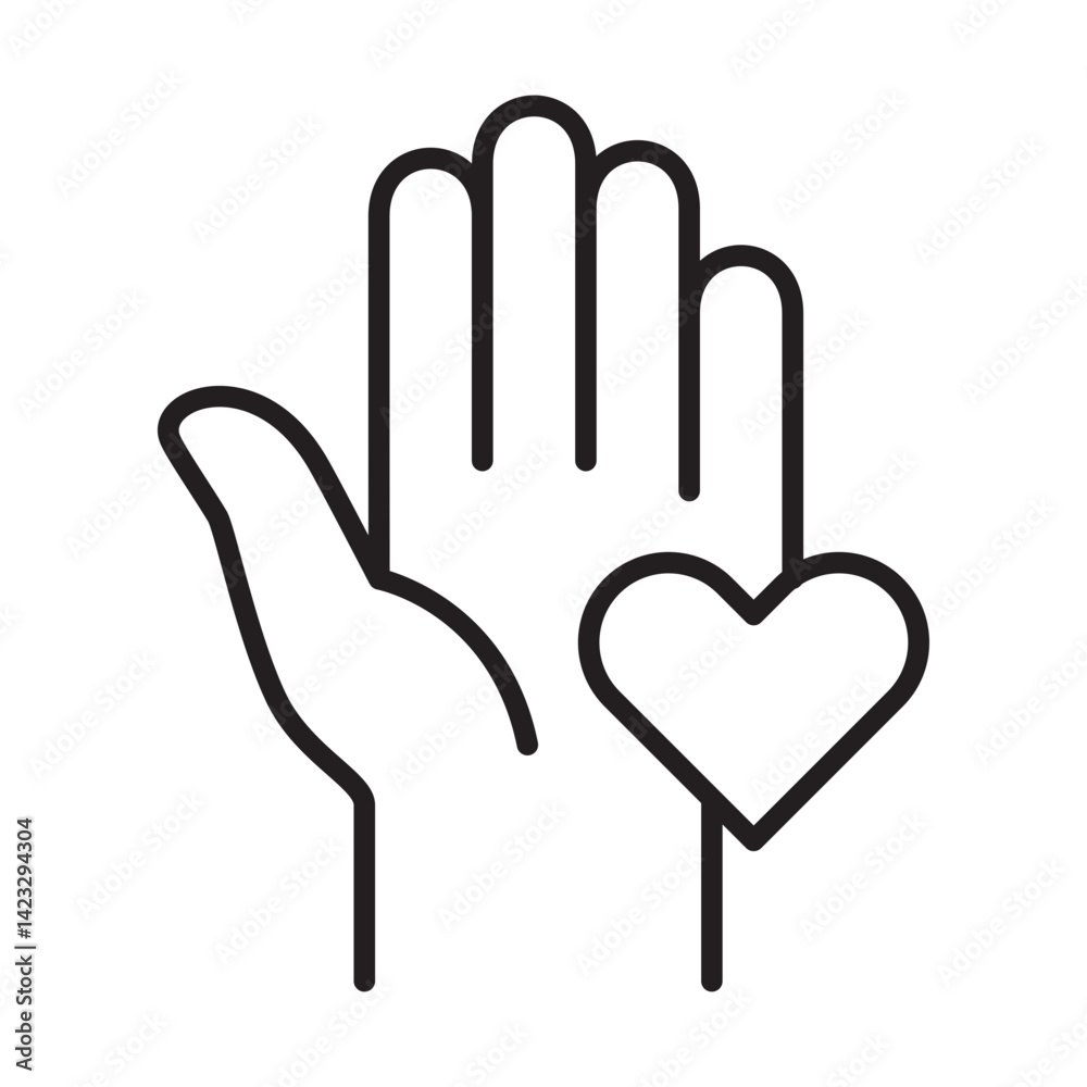 Obraz premium Palm hand with heart love symbol on it icon. Donation and charity icon. Symbol of fundraising, compassion, philanthropy, giving, care, humanity. Vector illustration.