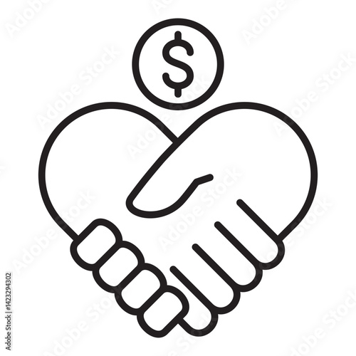 Hand shake in shape of heart love icon. Donation and charity icon. Symbol of fundraising, compassion, philanthropy, giving, care, humanity. Vector illustration.