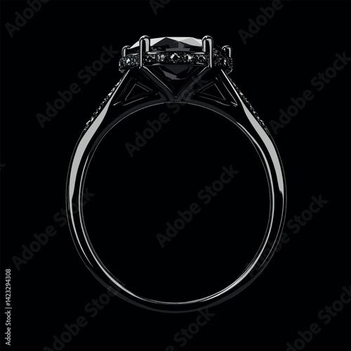 Elegant black diamond engagement ring with intricate setting on black background