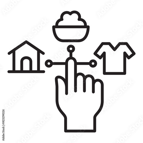 Hand click on food house or cloth, to donate icon. Donation and charity icon. Symbol of fundraising, compassion, philanthropy, giving, care, humanity. Vector illustration.